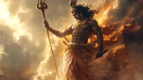 Radiant celestial warrior stands in swirling golden storm