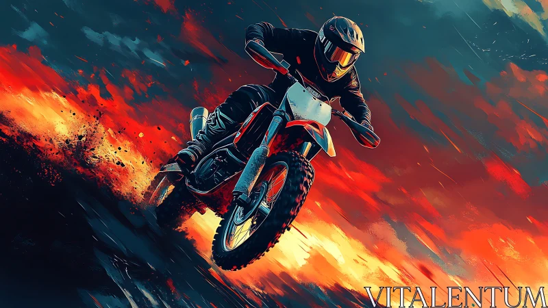 Flame-skimming dirt biker carving sparks through twilight skies.