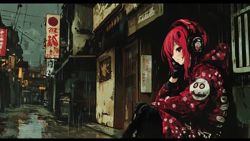 Red-haired girl in headphones under neon rain-soaked alley