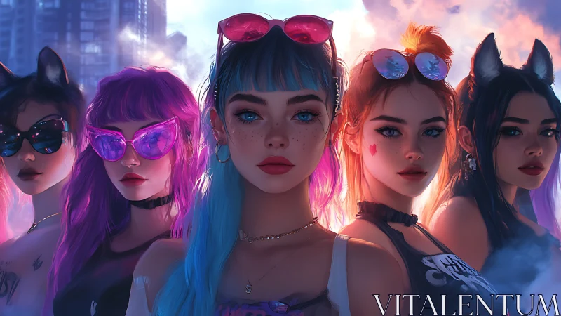 Cyberpunk girl squad under neon sky in urban haze.