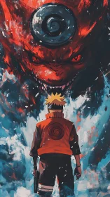 Fiery spirit stands tall before a swirling, fearsome beast