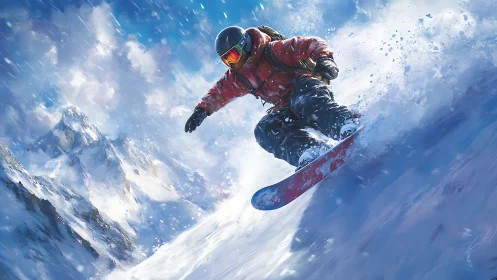 Snowboarder carves steep alpine slope through powder spray