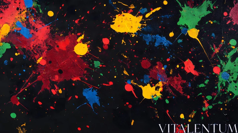 Vibrant Abstract Paint Splatters on Black Canvas, Modern Art Style.
