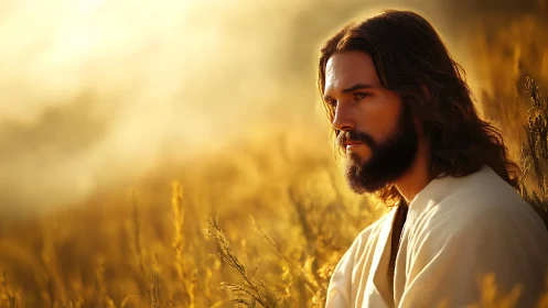 Bearded man in white robe seated in golden sunset field.