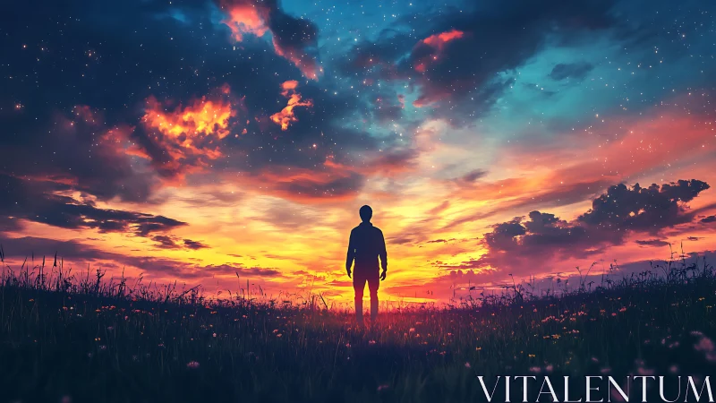 Silhouette observing vivid sunset sky over meadow field.