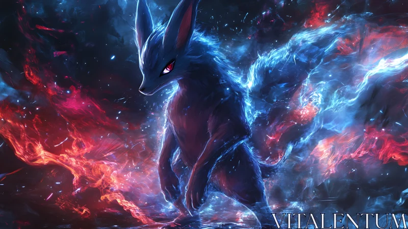 Stormlit fox guardian glowing in swirling red and blue light.