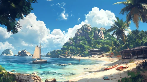 Tropical Coastal Scene With Sailboat and Sandy Beach