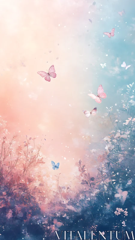 Digital butterflies move above abstract pastel foliage scene