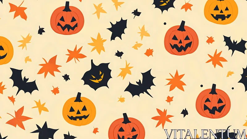 Playful jack-o&rsquo;-lanterns dance among autumn leaves and bats