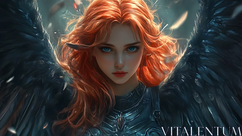 Fiery haired winged warrior gazes forward with steady courage