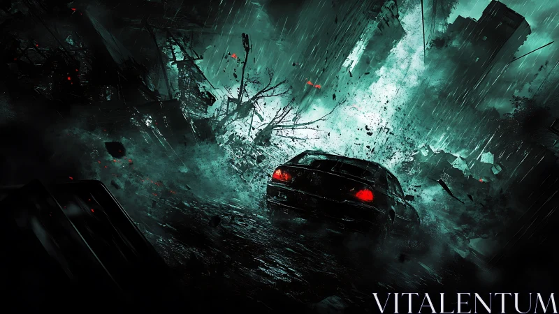 Car flees collapsing cyberpunk city through storm chaos.