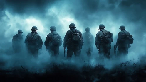 Backlit infantry silhouettes advance through dense battlefield fog