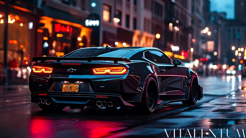 Sleek black sports car parked on wet neon city street.