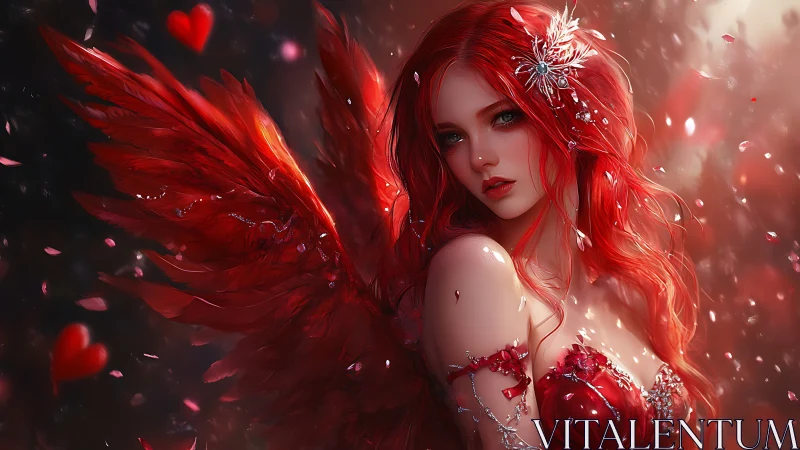 Scarlet winged enchantress glows amid drifting petals of love.