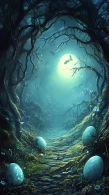Moonlit forest path with hatching dragon eggs in misty glow.