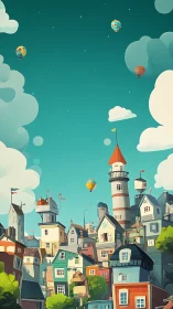 Whimsical hilltop harbor town sends bright balloons skyward