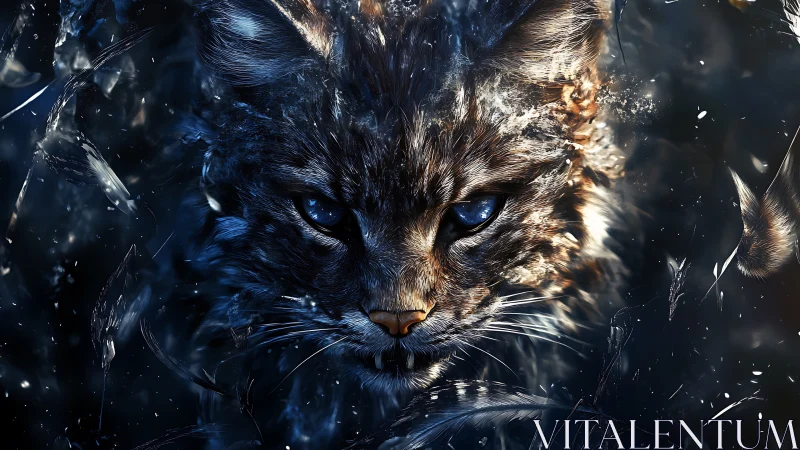 Wild feline face fills frame under dark, particle-filled light