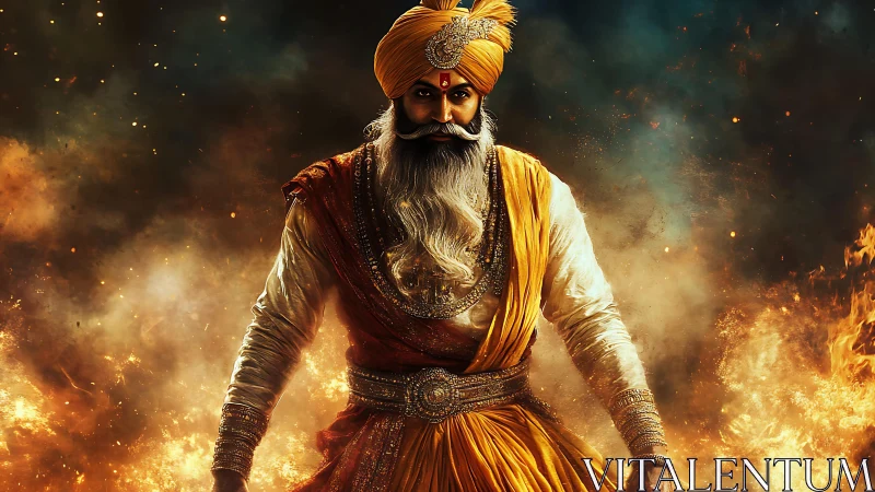 Regal warrior in golden turban stands strong amid swirling fire