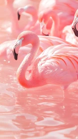 Graceful pink flamingos wading softly through rosy water.