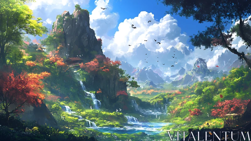 Verdant waterfall valley dreaming beneath roaming summer clouds.
