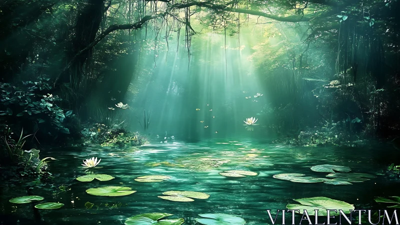 Enchanted forest pond with glowing light over lilies.