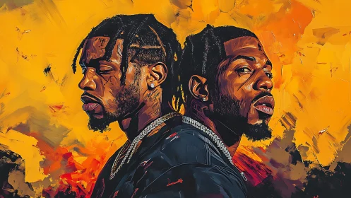 Dual hip-hop portrait amid vivid textured flames.