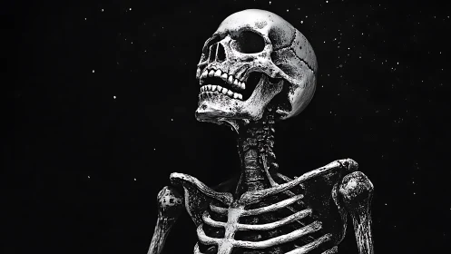 High-contrast skeletal portrait against deep cosmic void