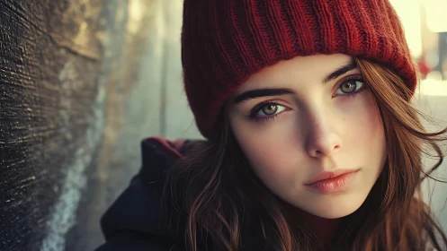 Shallow depth portrait with winter beanie and soft side lighting