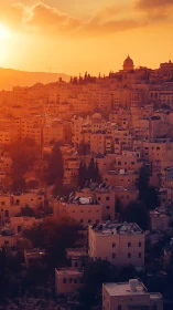 Golden hour hillside cityscape with domed skyline silhouette.