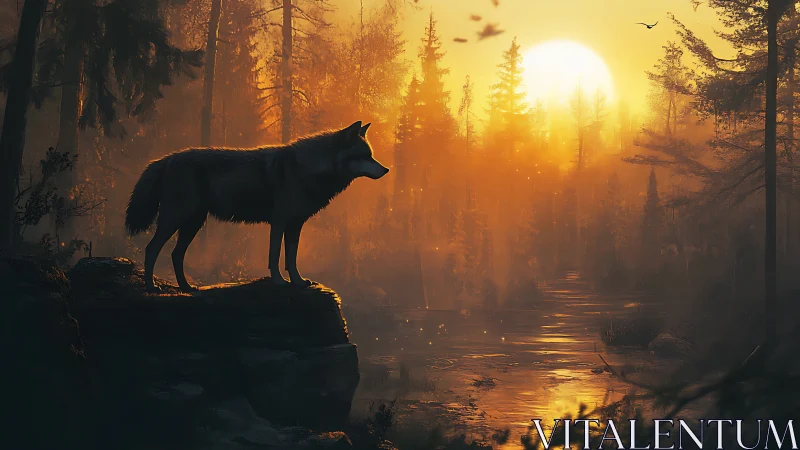 Solitary wolf silhouette above reflective river at ember sunset