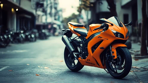 Sunlit orange sportbike waiting for a city street escape.