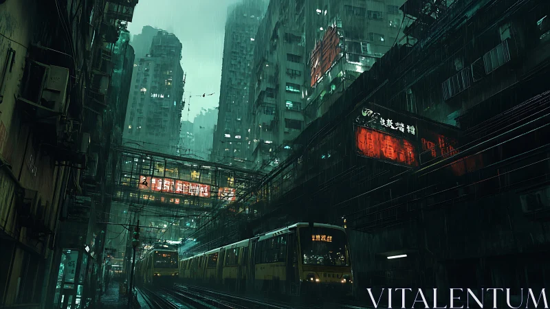 Moody city trams glide through neon rain and towering blocks