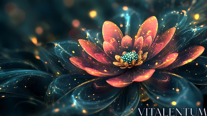 Macro luminous fractal flower with bokeh particle field