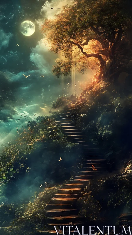 Moonlit forest stairway rises toward a glowing ancient tree