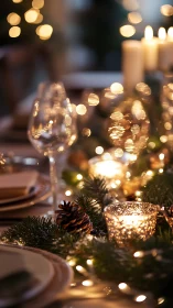 Festive dinner table shows candles, garland and glassware softly