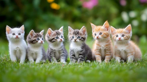 Six Adorable Kittens Sitting Together on Green Grass.