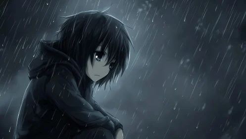 Rainsoaked loner guarding quiet secrets in grayscale gloom.