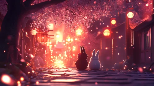 Anthropomorphic rabbits watch lantern-lit sakura street glow