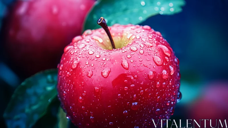 Macro red apple with dewdrops under cool-toned lighting.
