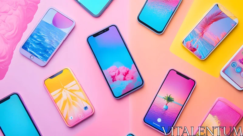 Modern smartphones with vibrant screens on pastel gradient background.