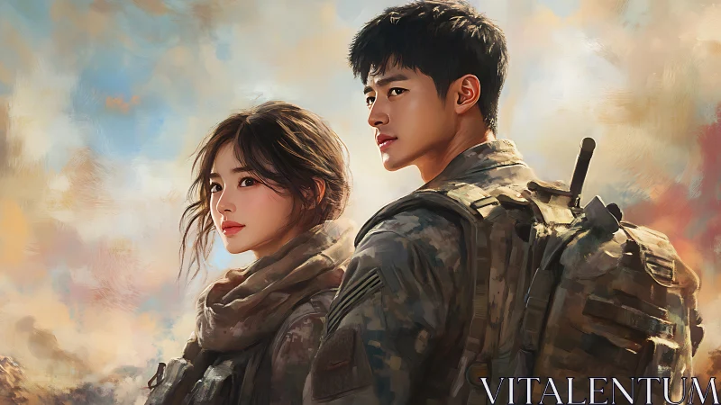 Soldier couple stand united against a soft painted sky.