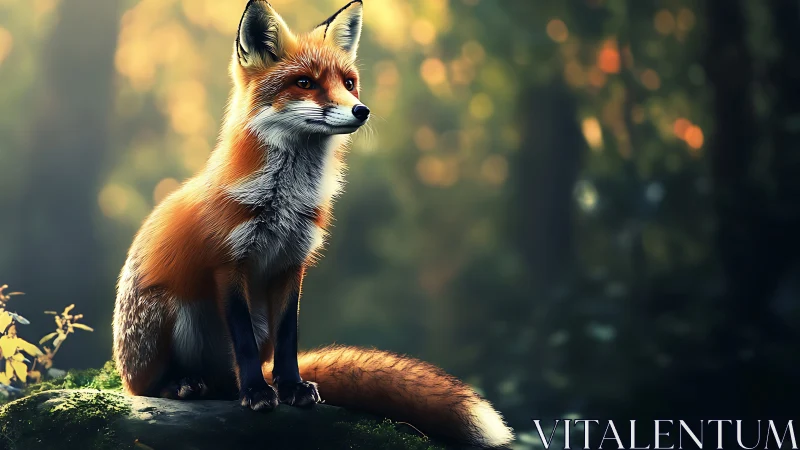 Red fox sits on mossy rock in softly blurred forest light