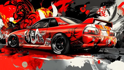 Touge-tuned red drift coupe with oni graffiti livery artwork