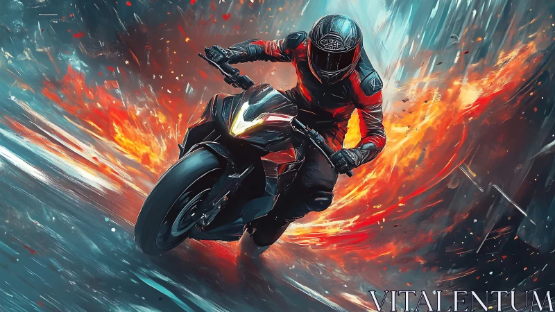 Flame‑trailing superbike rider carving through liquid fire.