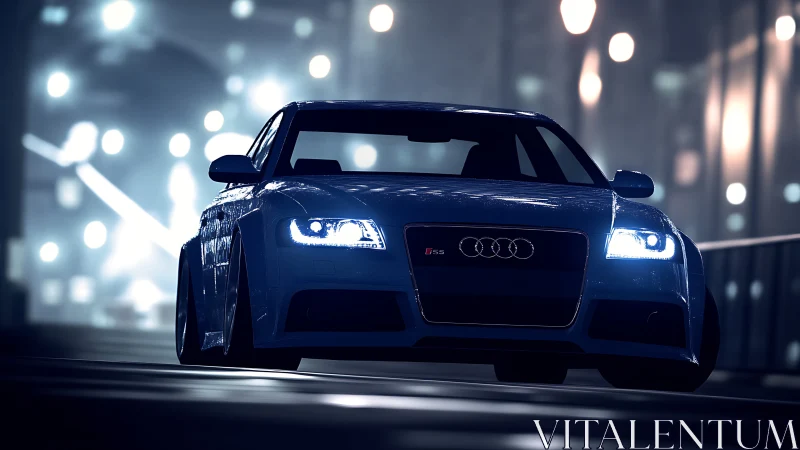 Sleek blue sports car gliding through a glowing city night.