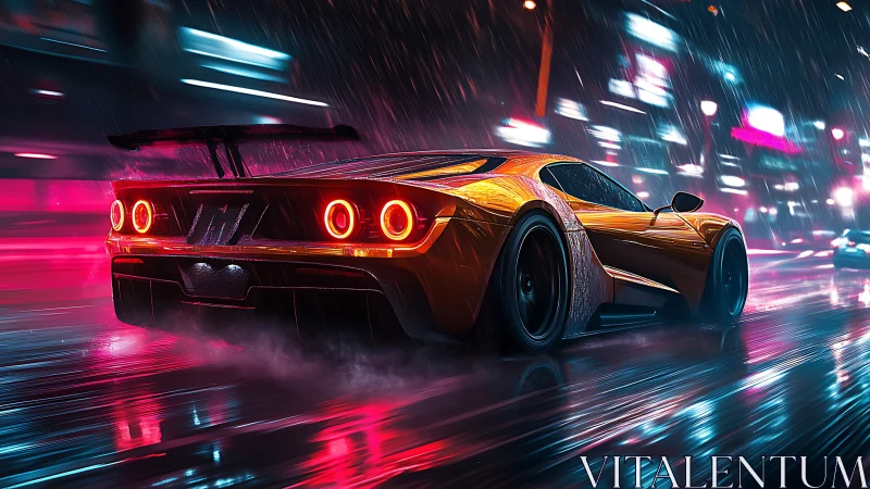Neonstorm supercar slicing rain through cyber city streets.