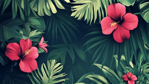 Vibrant Tropical Red Hibiscus Blooms in Lush Green Foliage