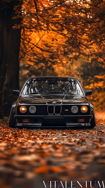 Classic black coupe parked under vivid autumn canopy.