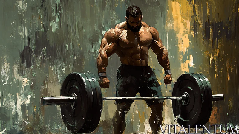Muscular powerlifter preparing deadlift with heavy barbell load