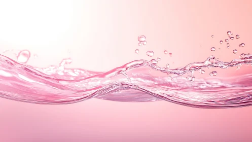 Pink-tinted liquid surface with suspended droplets in motion.